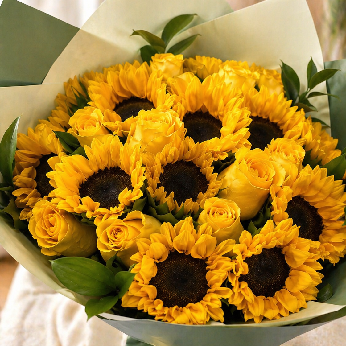 Golden Sunshine – Sunflowers & Roses Bouquet