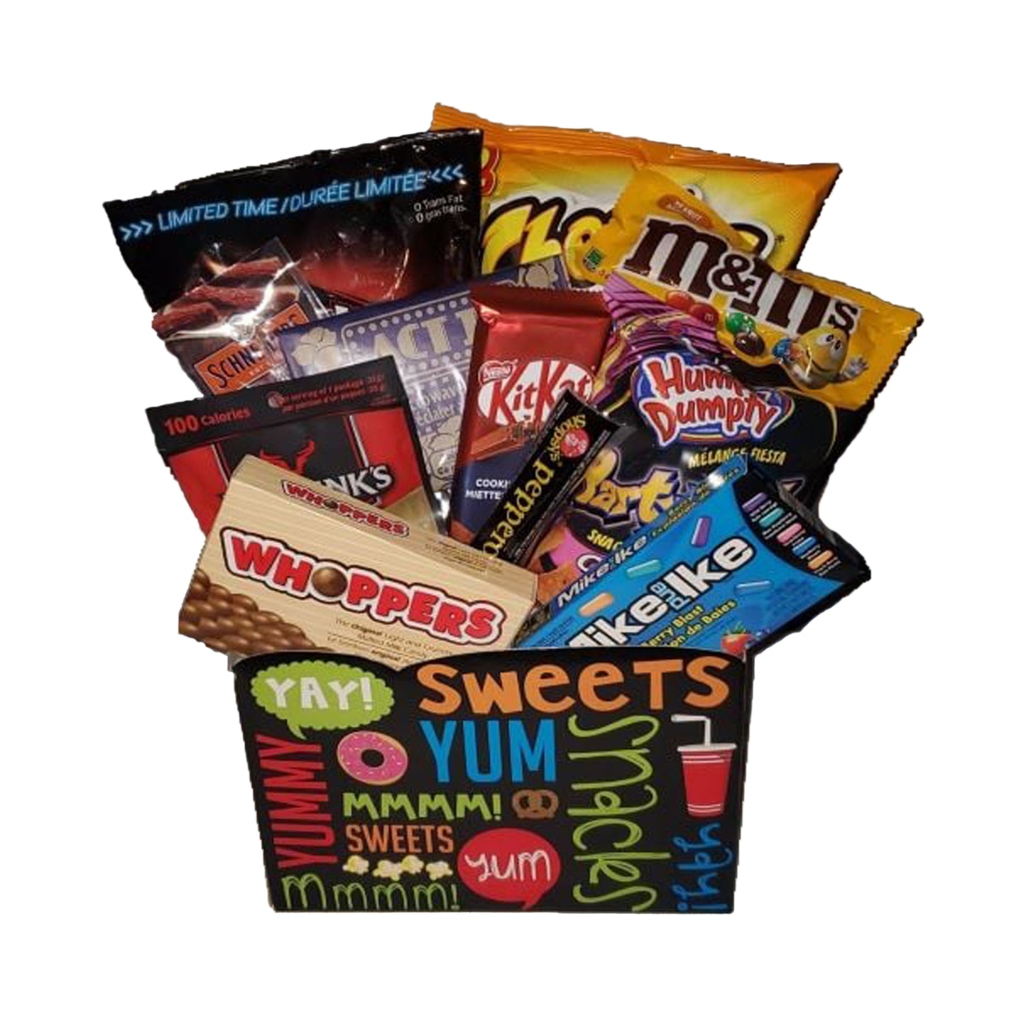 Collection of m&m, whoppers, cheetos and other snacks