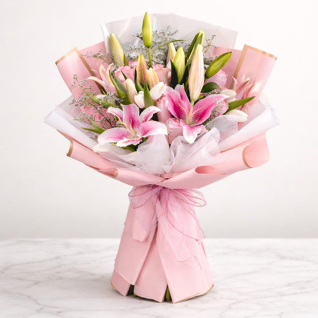 pink lily rose tulip bouquet luxury wrap Toronto flower delivery