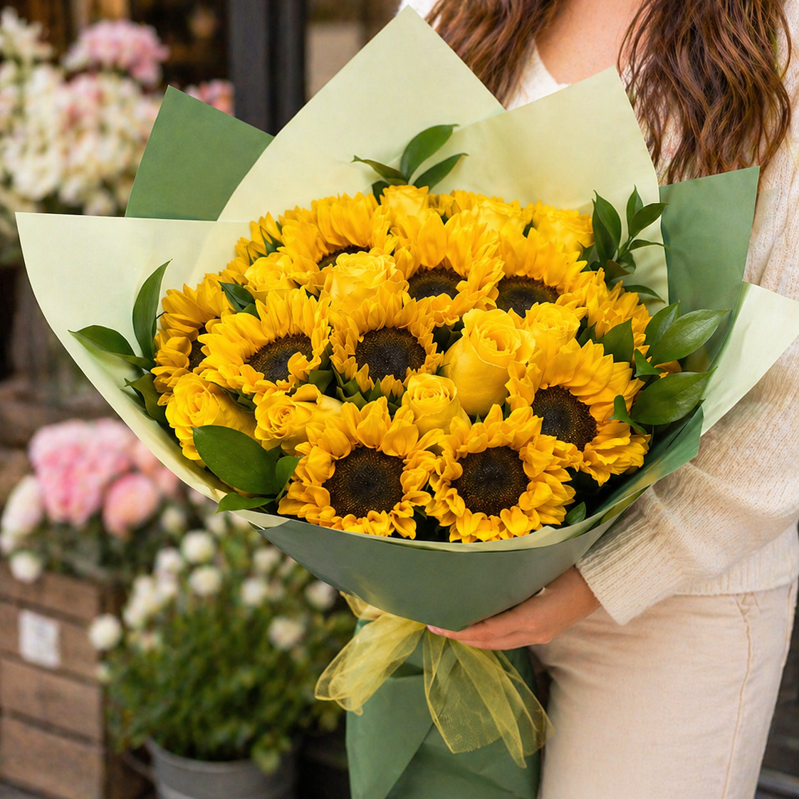 Golden Sunshine – Sunflowers & Roses Bouquet