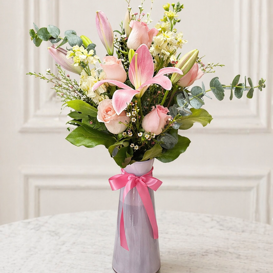 Pink lily and rose arrangement in glass vase Toronto