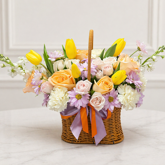 Spring flower basket with roses and tulips for Mother’s Day in Toronto