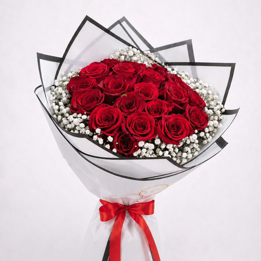 24 red roses bouquet with baby’s breath luxury wrap Toronto