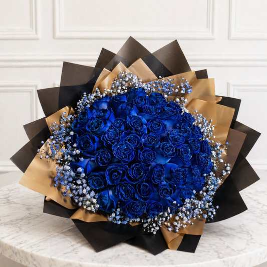 50 blue rose bouquet with glitter Toronto luxury flowers All 4 Love