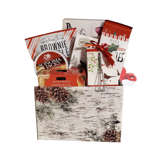 Pine cone covered winter box with snacks